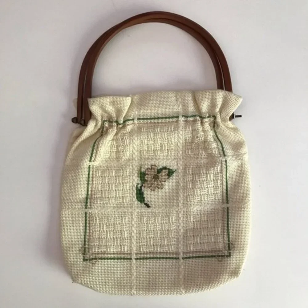 Vintage Custom Made by Cloverly Cottage Cross Stitch Cream Handbag Floral Lined